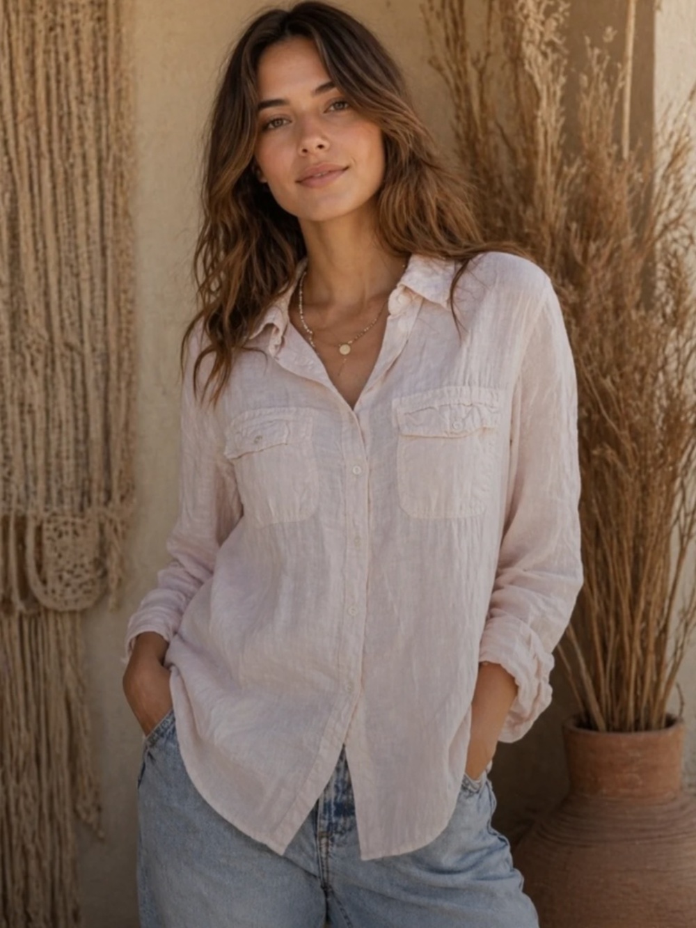 Sundance Favorite Linen Light Pink Button Down Long Sleeve Top